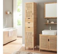 [en.casa] Armario Alto de Baño Boksereys Mueble Alto de Baño con 2 Compartimentos con Puertas y 3 Cajones Mueble Auxiliar 180 x 35 x 35 cm Bambú - Natural