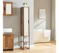 [en.casa] Armario Alto Namsskogan Columna de Baño con 2 Compartimentos Abiertos y 5 Cerrados Mueble Auxiliar Alto Baño Puerta con Espejo Aglomerado Metal 160 x 24 x 30 cm - Efecto Nogal y Negro