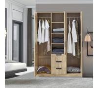 [en.casa] Armario Dormitorio Eiselfing Armario Ropero Clóset con 3 Puertas 2 Percheros 4 Compartimentos 3 Cajones para Dormitorio Vestidor MDF 176 x 120 x 52 cm - Efecto Roble