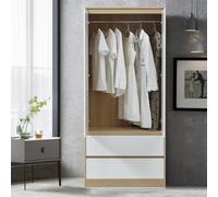 [en.casa] Armario Ropero Bastheim Práctico Armario Dormitorio con 2 Puertas 1 Perchero 2 Cajones Fácil de Limpiar MDF 176 x 80 x 52 cm - Efecto Roble y Puertas Blancas