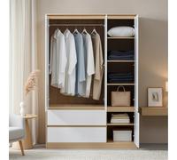 [en.casa] Armario Ropero Bastheim Práctico Armario Dormitorio con 4 Puertas 1 Perchero 6 Compartimentos 2 Cajones Fácil de Limpiar MDF 176 x 80 x 52 cm - Efecto Roble y Puertas Blancas