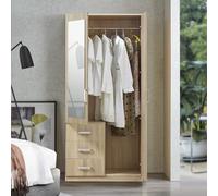 [en.casa] Armario Ropero Bodolz Guardaropa Armario de Almacenamiento con 2 Puertas 1 Perchero 3 Cajones 1 Espejo MDF 176 x 80 x 52 cm - Efecto Roble Sonoma