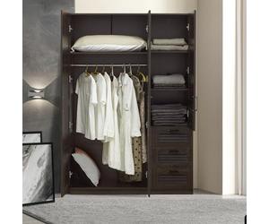 [en.casa] Armario Ropero Finning para Vestidor Dormitorio Guardarropa Armario de Dormitorio 3 Puertas 1 Barra 4 Compartimentos Inferiores 3 Cajones 176 x 120 x 52 cm - Efecto Nogal Oscuro