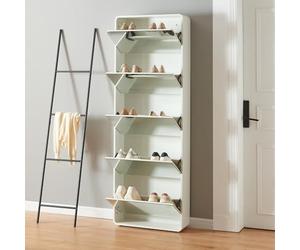 [en.casa] Armario Zapatero Aure con 5 Puertas Abatibles y Compartimentos Zapatero con Espejo para Entrada Recibidor Pasillo Vestidor 180 x 63 x 20 cm - Blanco