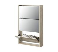 [en.casa] Armario Zapatero con Espejo Lund Mueble Zapatero con 3 Puertas Abatibles Organizador de Zapatos para 9 Pares de Calzado 103 x 63 x 17 cm Roble Sonoma