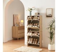 [en.casa] Armario Zapatero con Espejo Lund Mueble Zapatero con 4 Puertas Abatibles Organizador de Zapatos para 16 Pares de Calzado 134 x 60 x 24 cm Roble Sonoma