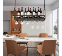 [en.casa] Botellero Vino Borejle Estantería Estante de Techo para Vino Licores Soporte Colgante para Copas Tazas para Cocina Cafeterías Metal/MDF 80 x 30 x 65 cm Negro y Efecto Nogal