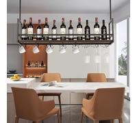 [en.casa] Botellero Vino Borejle Estantería Estante de Techo para Vino Licores Soporte Colgante para Copas Tazas para Cocina Cafeterías Metal/MDF 120 x 30 x 65 cm Negro y Efecto Nogal