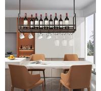 [en.casa] Botellero Vino Borejle Estantería Estante de Techo para Vino Licores Soporte Colgante para Copas Tazas para Cocina Cafeterías Metal/MDF 100 x 30 x 65 cm Negro y Efecto Nogal