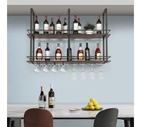 [en.casa] Botellero Vino Hubro Estantería de Techo de 2 Niveles para Vino Licores Soporte Colgante para Copas Tazas para Cocina Cafeterías Metal/MDF 120 x 30 x 85 cm Negro y Efecto Nogal