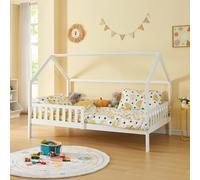 [en.casa] Cama Cabaña Ydre para Niños con Patas Regulables en Altura de 3 a 23 cm Cama Montessori Infantil con Reja Protectora Somier Forma de Casa Madera de Pino 120 x 200 cm - Blanco