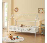 [en.casa] Cama Cabaña Ydre para Niños con Patas Regulables en Altura de 3 a 23 cm Cama Montessori Infantil con Reja Protectora Somier Forma de Casa Madera de Pino 90 x 200 cm - Blanco