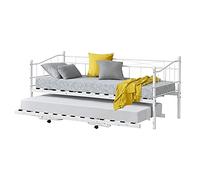Cama con cama supletoria skutskär con 4 ruedas metal 90 x 200 cm / cama - blanco mate [en.casa]