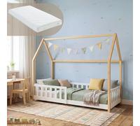 [en.casa] Cama infantil Hesel pino mit colchón 90x200 cm Blanco/Natural | Forma de casita, cama para niño Montessori, con barrera de seguridad, cama de suelo, somier de listones, máx 120 kg, madera