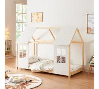 [en.casa] Cama Infantil Tostedt para Niños y Niñas en Forma de Casa con Ventanas y Techo Cama con Somier máx. 150 kg Montessori 90 x 200 cm Madera de Pino - Efecto Madera/Blanco