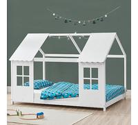 [en.casa] Cama Infantil Tostedt para Niños y Niñas en Forma de Casa con Ventanas y Techo Cama con Somier máx. 150 kg Montessori 90 x 200 cm Madera de Pino - Blanco