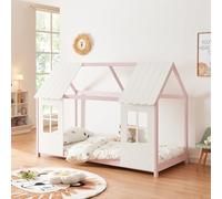 [en.casa] Cama Infantil Tostedt para Niños y Niñas en Forma de Casa con Ventanas y Techo Cama con Somier máx. 150 kg Montessori 90 x 200 cm Madera de Pino - Rosa/Blanco