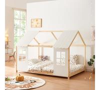 [en.casa] Cama Infantil Tostedt para Niños y Niñas en Forma de Casa con Ventanas y Techo Cama con Somier máx. 200 kg Montessori 140 x 200 cm Madera de Pino - Efecto Madera/Blanco
