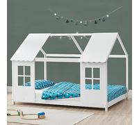 [en.casa] Cama Infantil Tostedt para Niños y Niñas en Forma de Casa con Ventanas y Techo Cama con Somier máx. 200 kg Montessori 120 x 200 cm Madera de Pino - Blanco