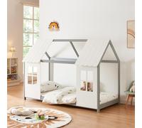 [en.casa] Cama Infantil Tostedt para Niños y Niñas en Forma de Casa con Ventanas y Techo Cama con Somier máx. 150 kg Montessori 90 x 200 cm Madera de Pino - Gris/Blanco