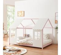 [en.casa] Cama Infantil Tostedt para Niños y Niñas en Forma de Casa con Ventanas y Techo Cama con Somier máx. 200 kg Montessori 120 x 200 cm Madera de Pino - Rosa/Blanco