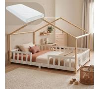 [en.casa] Cama Infantil Treviolo con colchón 120x200cm Blanco Natural | Cama Montessori de madera pino forma de casita bordes redondeados con barandillas somier 200 kg