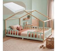 Cama para niños treviolo forma de casa pino + colchón 120x200 cm - verde menta / natural [en.casa]