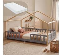 Cama para niños treviolo forma de casa pino + colchón 140x200 cm - gris claro / natural [en.casa]