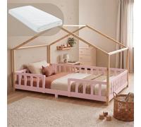 [en.casa] Cama Infantil Treviolo con colchón 140x200cm Rosa Natural | Cama Montessori de madera pino forma de casita bordes redondeados con barandillas somier 200 kg