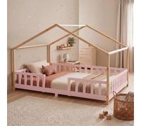 [en.casa] Cama Infantil Treviolo Forma de casita Pino 140x200 cm Rosa | natural cama Montessori de madera bordes redondeados con barandillas somier 200 kg