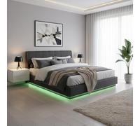 [en.casa] Cama Matrimonio Tröstiar Canapé Abatible con LED RGB Cabecero Tapizado Somier Espacio de Almacenamiento 180x200 cm Tapizado Lino MDF 217x181x90 cm - Negro