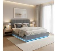 [en.casa] Cama Matrimonio Tröstiar Canapé Abatible con LED RGB Cabecero Tapizado Somier Espacio de Almacenamiento 140x200 cm Tapizado Lino MDF 217x141x96 cm - Antracita