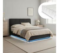 [en.casa] Cama Matrimonio Tröstiar + Colchón 160x200 cm Canapé Abatible con LED RGB Cabecero Tapizado Somier Espacio de Almacenamiento Lino MDF 217x161x96 cm - Negro
