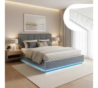 [en.casa] Cama Matrimonio Tröstiar + Colchón 160x200 cm Canapé Abatible con LED RGB Cabecero Tapizado Somier Espacio de Almacenamiento Lino MDF 217x161x96 cm - Antracita