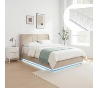 [en.casa] Cama Matrimonio Tröstiar + Colchón 160x200 cm Canapé Abatible con LED RGB Cabecero Tapizado Somier Espacio de Almacenamiento Lino MDF 217x161x96 cm - Beige