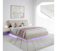 [en.casa] Cama Matrimonio Tröstiar + Colchón 180x200 cm Canapé Abatible con LED RGB Cabecero Tapizado Somier Espacio de Almacenamiento Lino MDF 217x181x90 cm - Beige