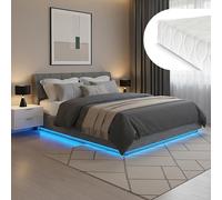 [en.casa] Cama Matrimonio Tröstiar + Colchón 180x200 cm Canapé Abatible con LED RGB Cabecero Tapizado Somier Espacio de Almacenamiento Lino MDF 217x181x90 cm - Antracita
