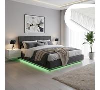 [en.casa] Cama Matrimonio Tröstiar + Colchón 180x200 cm Canapé Abatible con LED RGB Cabecero Tapizado Somier Espacio de Almacenamiento Lino MDF 217x181x90 cm - Negro
