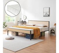 [en.casa] Cama Metálica Linköping Cama Doble con Colchón 180 x 200 cm Cabecero Rectangular en Efecto Ratán y Somier Resistente a los Arañazos Acero Mimbre Sintético - Negro Mate
