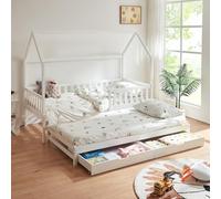 [en.casa] Cama Nido Aarghonmaa En Forma de Casita Cama Supletoria Somier 90x190 cm con 4 Ruedas y 2 Cajones Protección contra Caídas máx. 120 kg Madera de Pino 90 x 200 cm - Blanco