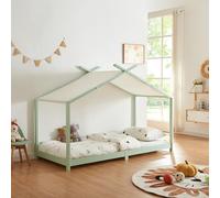 [en.casa] Cama para Niños Brome con Techo de Textil Desmontable Cama Infantil Individual con Somier Estructura en Forma de Casa Estilo Montessori 90 x 200 cm Madera Pino - Verde Menta y Blanco
