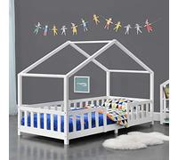 [en.casa] Cama para niños Casita Treviolo hasta 100 kg Cama Infantil con Reja Protectora Forma de Casa de Madera Pino 90 x 200 cm - Blanco Mate Lacado