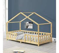 [en.casa] Cama para niños Casita Treviolo hasta 100 kg Cama Infantil con Reja Protectora Forma de Casa de Madera Pino 90 x 200 cm - Pino Natural