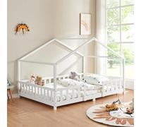 [en.casa] Cama para niños Casita Treviolo hasta 200 kg Cama Infantil con Reja Protectora Forma de casa de Madera Pino 140 x 200 cm - Blanco Mate Lacado