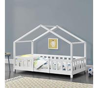 [en.casa] Cama para niños Casita Treviolo hasta 50 kg Cama Infantil con Reja Protectora Forma de casa de Madera Pino 70 x 140 cm - Blanco Mate Lacado