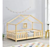 [en.casa] Cama para niños Casita Treviolo hasta 70 kg Cama Infantil con Reja Protectora Forma de casa de Madera Pino 80 x 160 cm - Pino Natural