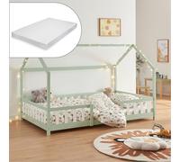 [en.casa] Cama para Niños de Madera Pino Sisimiut con Colchón Espuma Fría 120 x 200 cm Cama Infantil con Reja Protectora Somier Forma de Casita - Verde Menta y Blanco