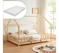 [en.casa] Cama para Niños de Madera Pino Sisimiut con Colchón Espuma Fría 120 x 200 cm Cama Infantil con Reja Protectora Somier Forma de Casita - Pino Natural