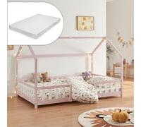 [en.casa] Cama para Niños de Madera Pino Sisimiut con Colchón Espuma Fría 120 x 200 cm Cama Infantil con Reja Protectora Somier Forma de Casita - Rosa y Blanco