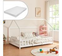 [en.casa] Cama para Niños de Madera Pino Sisimiut con Colchón Espuma Fría 140 x 200 cm Cama Infantil con Reja Protectora Somier Forma de Casita - Blanco